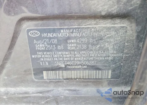 2009 Hyundai Sonata Gls z USA, uszkodzony, nr VIN 5NPET46C29H506287